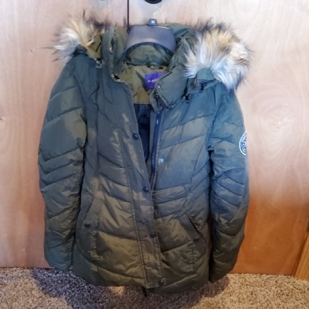 Madden Girl Forest Green Puffer Coat with Faux Fur Hood